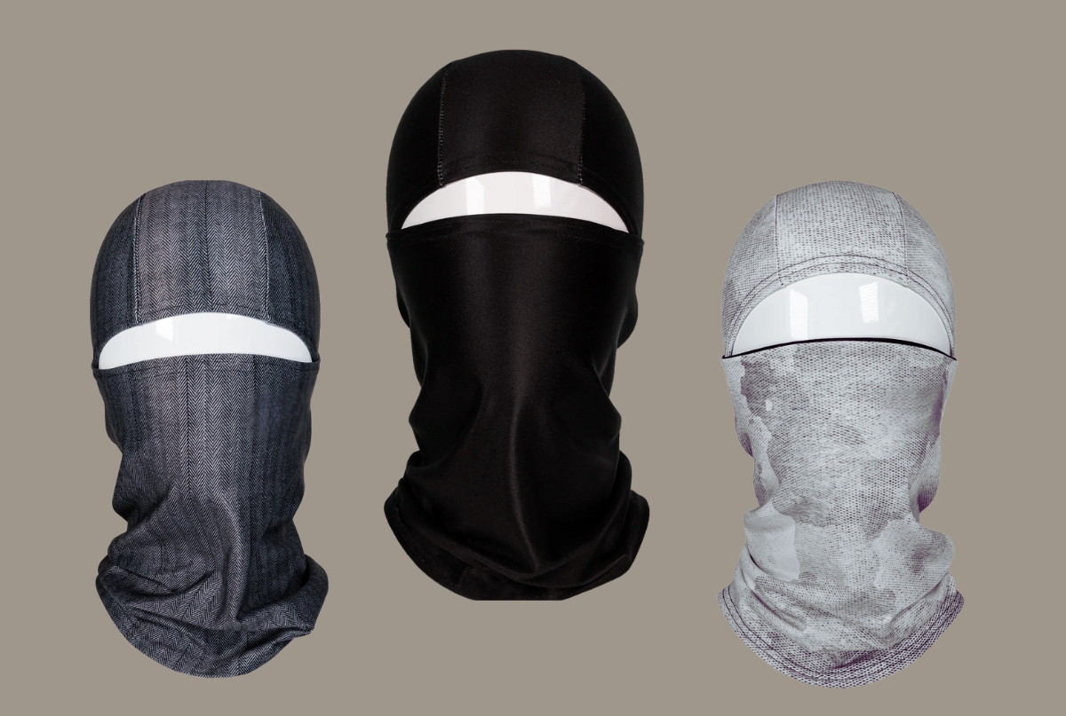 Custom-designed convertible balaclava made from premium fleece, showcasing full-face and half-face configurations.