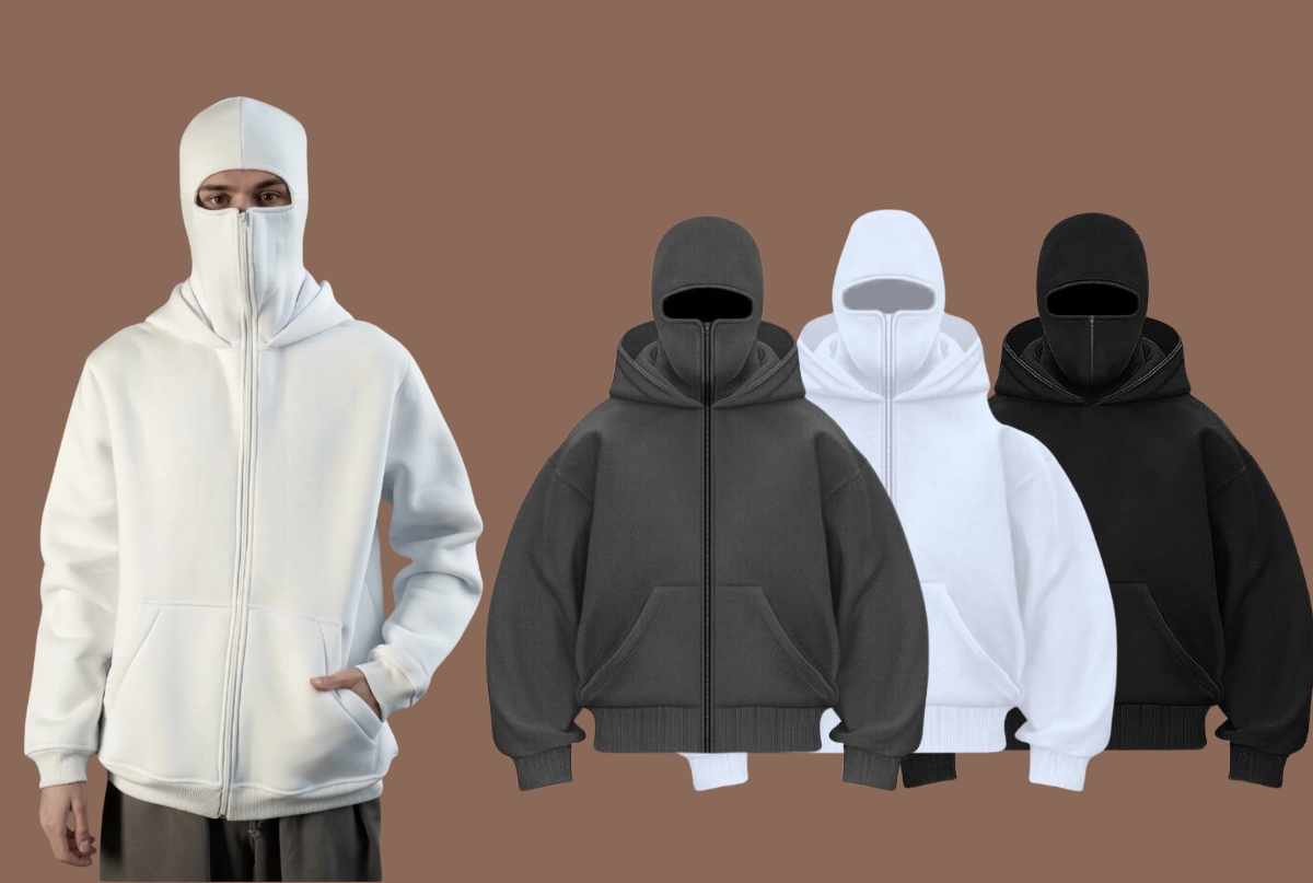 A manufacturing facility specializing in the production of hooded balaclavas, featuring sewing machines and fabric materials.