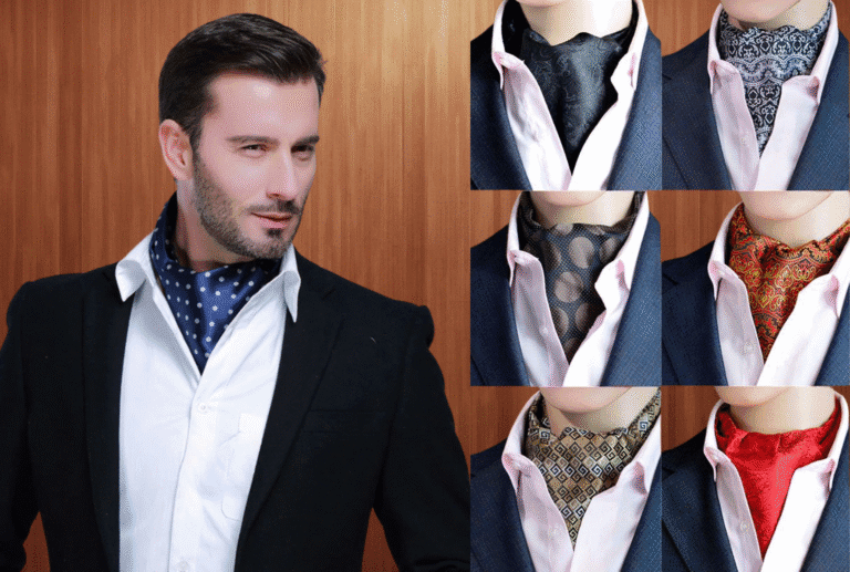Mann in dunklem Sakko mit marineblauem Krawattenschal neben sechs bedruckten und Jacquard-Krawattenschals