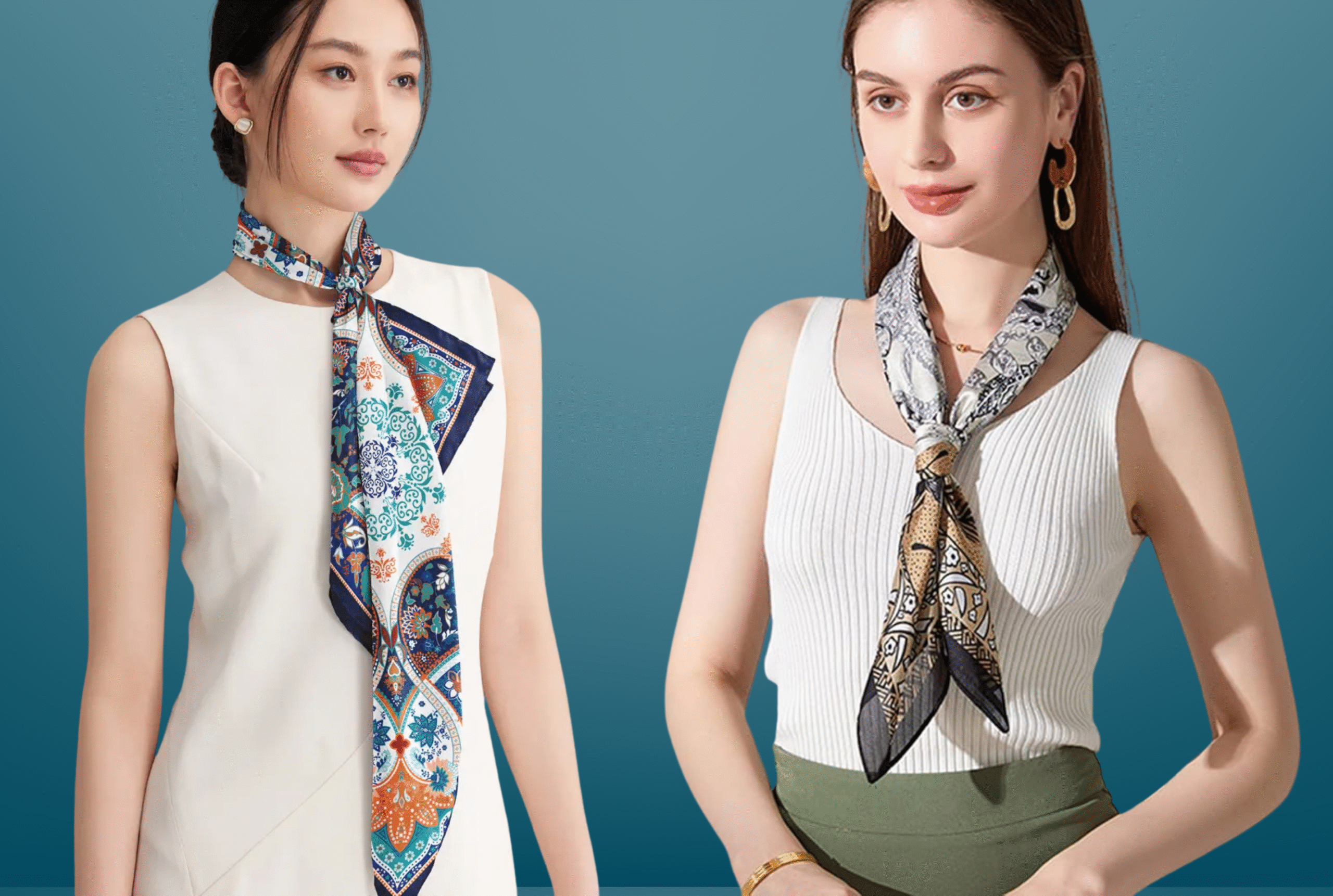 A collection of custom-designed business scarves featuring various logos and branding patterns.