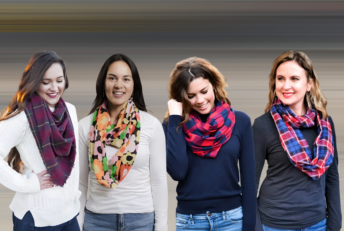 A stylish, handmade custom infinity scarf in a vibrant color, wrapped around a model's neck.