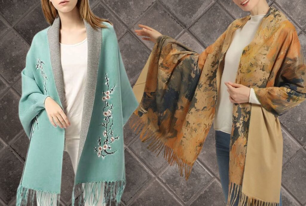 A handcrafted custom shawl scarf featuring intricate knitting and unique design elements.