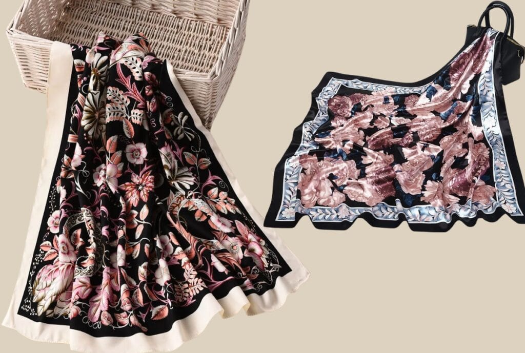 Un pañuelo cuadrado de seda de colores con estampado floral y abstracto, doblado para mostrar su brillo