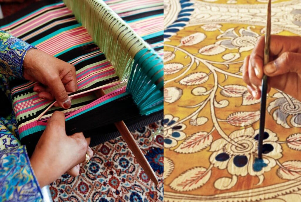 A vibrant textile featuring intricate woven patterns, colorful printed designs, and rich dyes, showcasing the artistic blend of weaving, printing, and dyeing techniques.