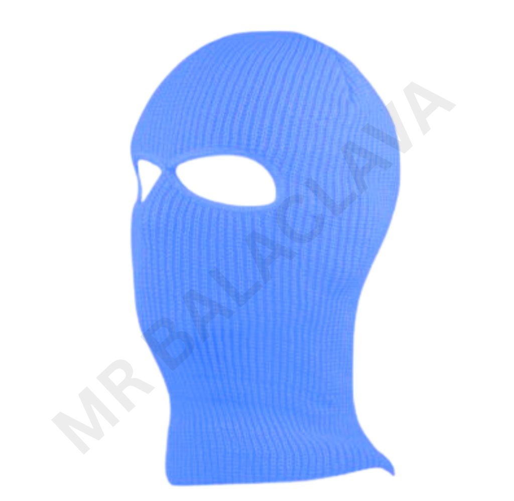Blue knitted balaclava with two eyeholes