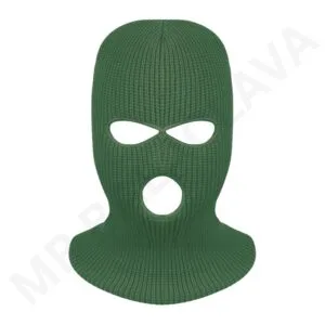 A green knitted balaclava with three holes (eyes and mouth) designed for full head coverage.