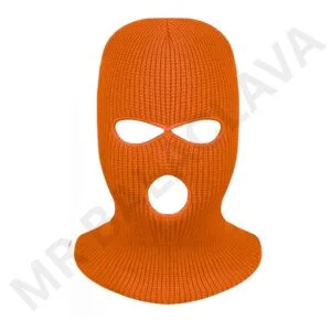 An orange knitted balaclava with eye and mouth openings.
