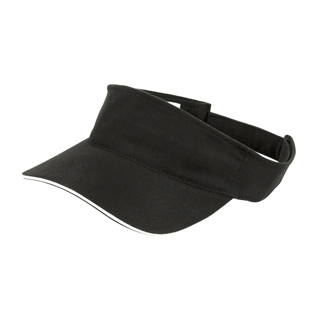 Una gorra tipo visera negra con una visera curvada y una correa abierta en la parte trasera, fabricada con una mezcla de tejidos.