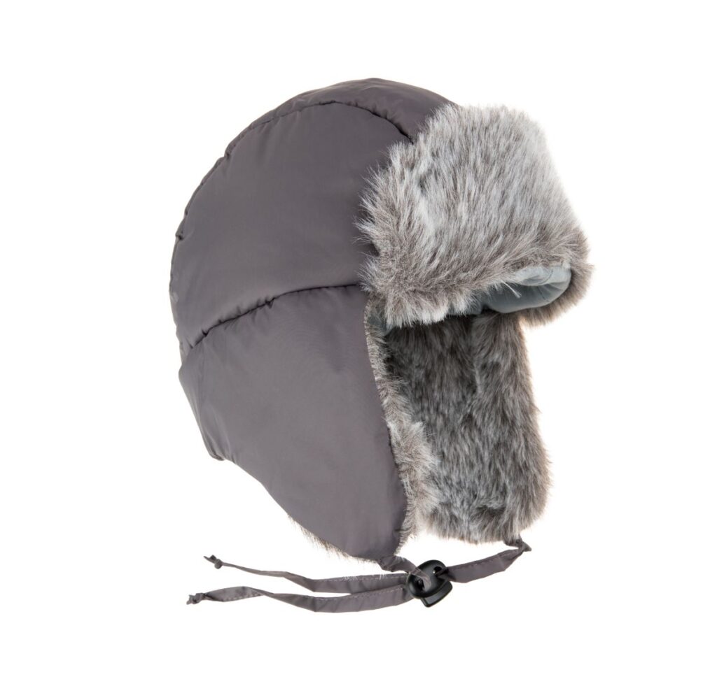 Grey insulated winter trapper hat with faux fur lining and ear flaps, chin straps, and a drawstring toggle. Bomber Hat