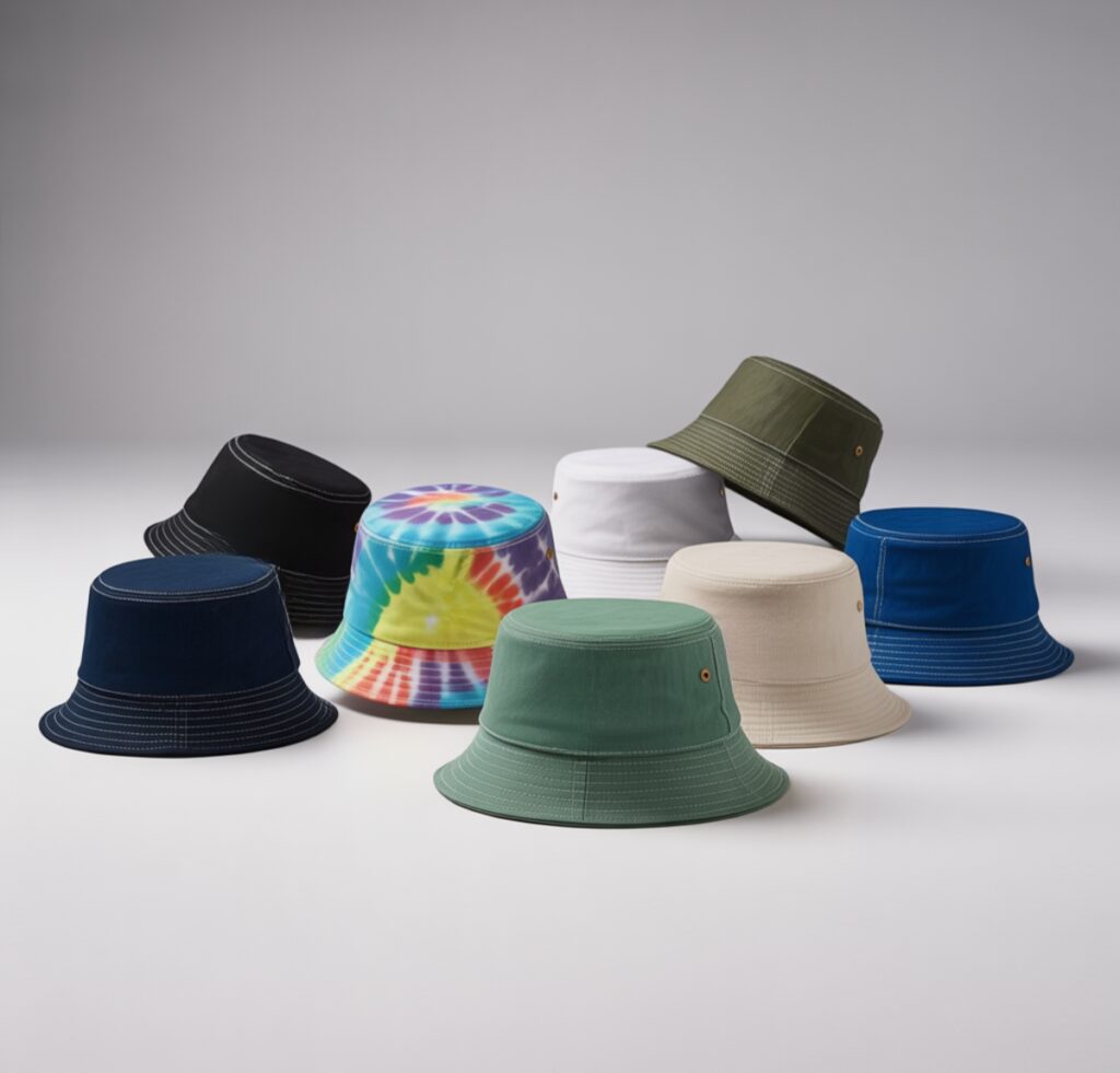 Group of colorful bucket hats arranged on a neutral surface, including solid colors and a tie-dye design.