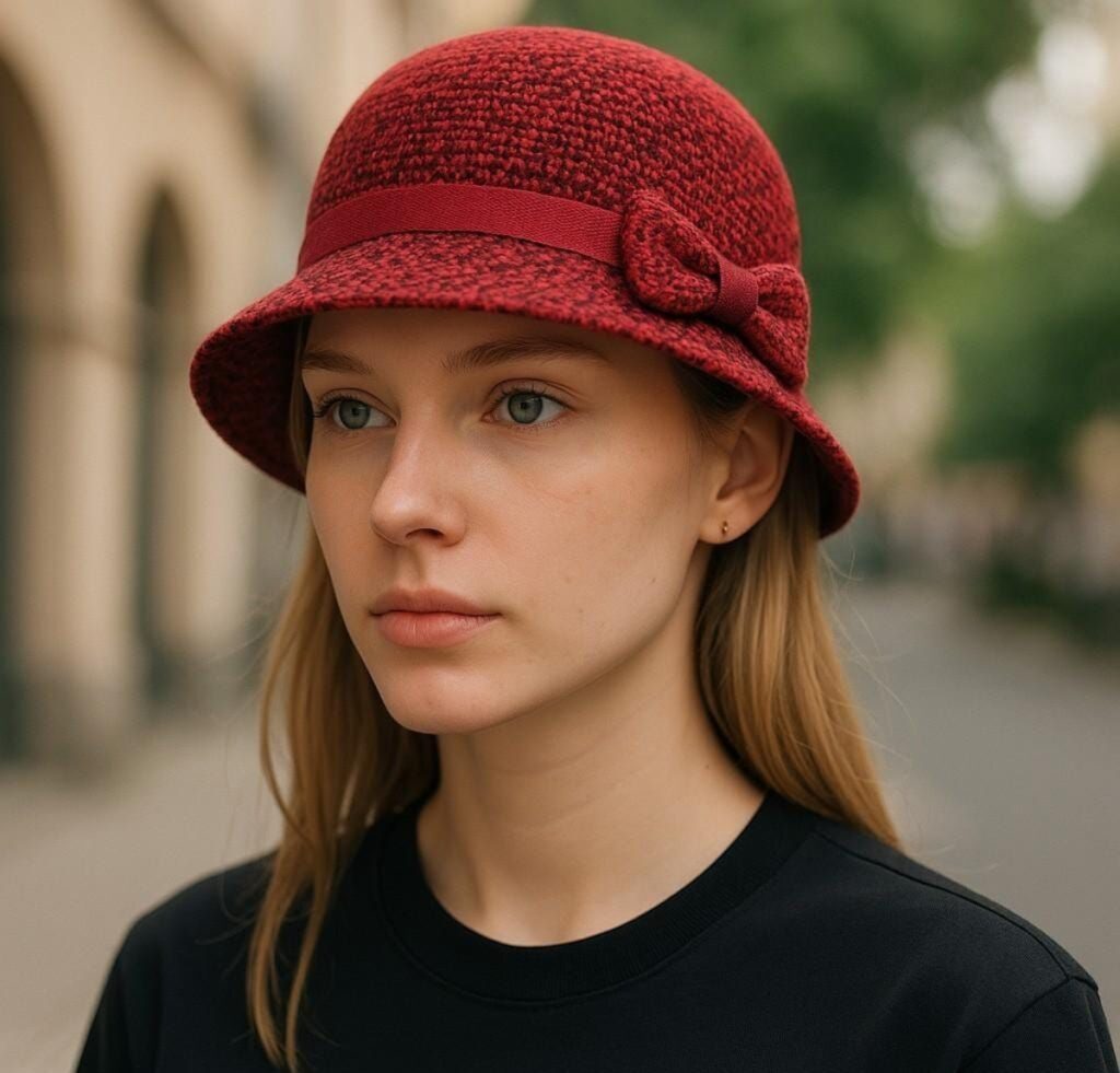 A young woman wearing a textured red cloche hat with a matching ribbon and bow, standing outdoors with a blurred urban background.