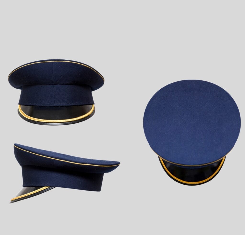 “Three navy peaked officer’s caps with gold piping displayed from front, side, and top angles on a light gray background.” Custom Peaked Officer’s Cap Manufacturer