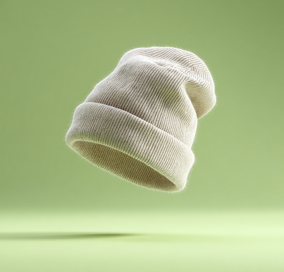 A beige knit slouchy beanie suspended in mid-air against a soft green background.