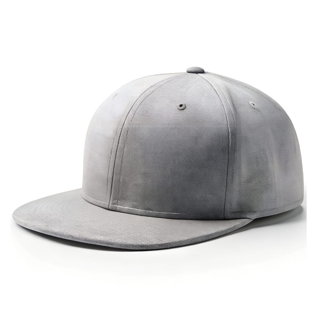 A plain light-gray snapback cap with a structured crown, curved brim, and small ventilation eyelets.
