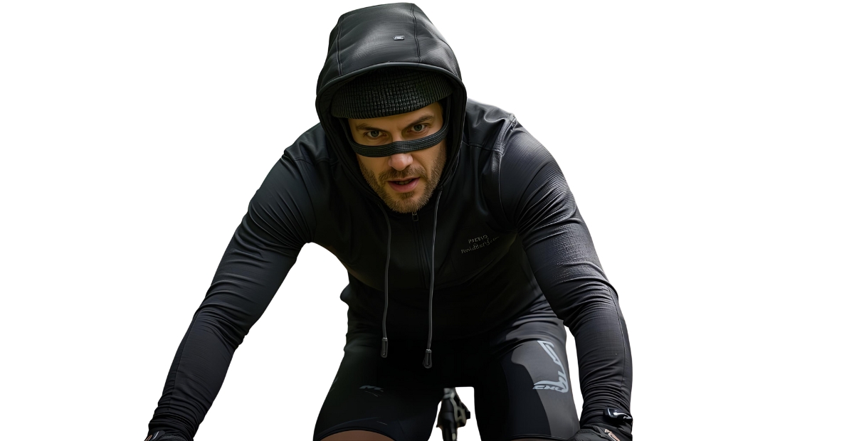 Ein Radfahrer, gekleidet in einen schwarzen Kapuzenpulli mit Sturmhaube und Radfahrerkleidung, der sich nach vorne beugt, als würde er Rad fahren.