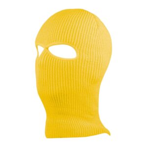 Yellow knitted balaclava with eye opening, full-face coverage, and ribbed texture.