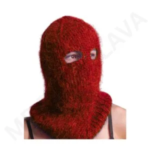 A person wearing a red knitted balaclava with eye openings, facing left.