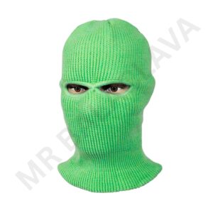 Neon green knit balaclava with eye openings, full-face coverage, ribbed sweater-like fabric.