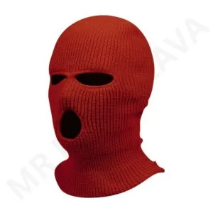 Red knit balaclava mask with eye and mouth openings.