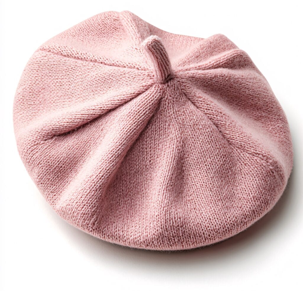 A soft pink beret made from high-quality fabric with a gathered top and knit texture.