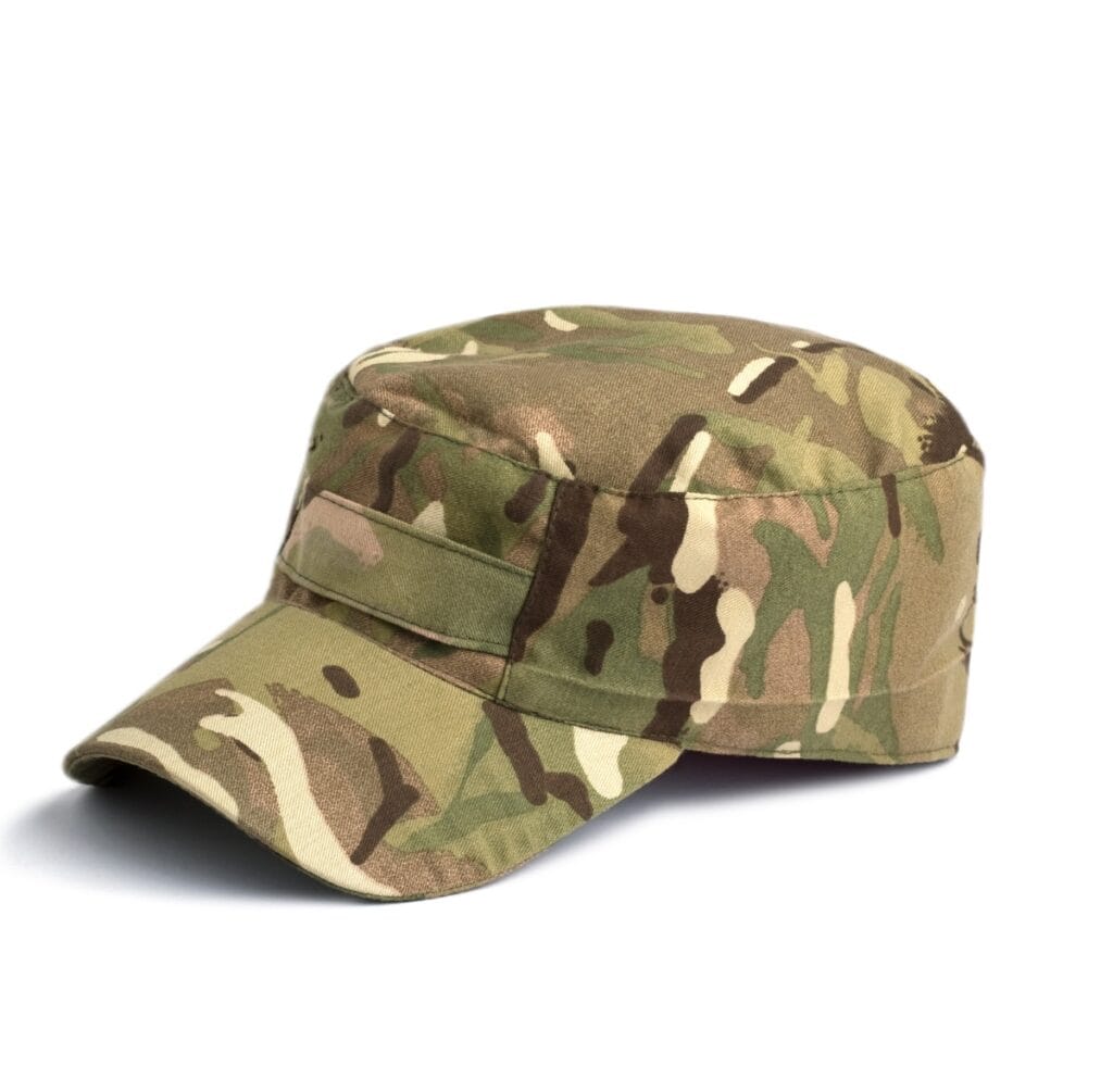 Camouflage military cap with adjustable strap, multi-tone woodland camouflage pattern