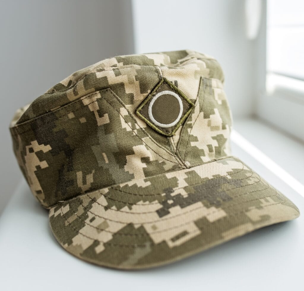Camouflage military cap with digital desert pattern and a circular patch on the front.