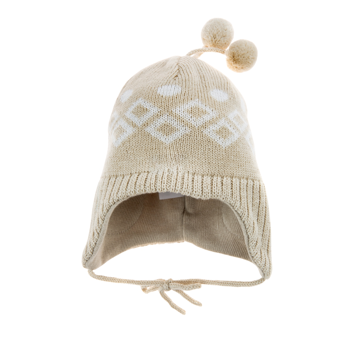A beige knit winter hat with a folded brim and two pom-poms on top, featuring a white geometric pattern.