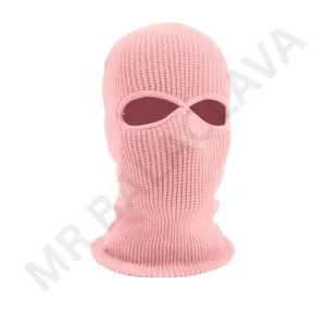 "Pink knitted balaclava with eye openings, full-face knit mask."