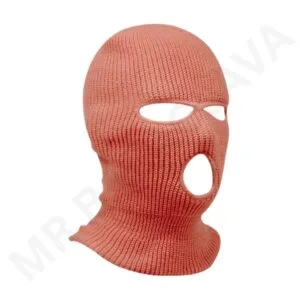 A knitted balaclava in coral color covering the head and neck with openings for the eyes and mouth.