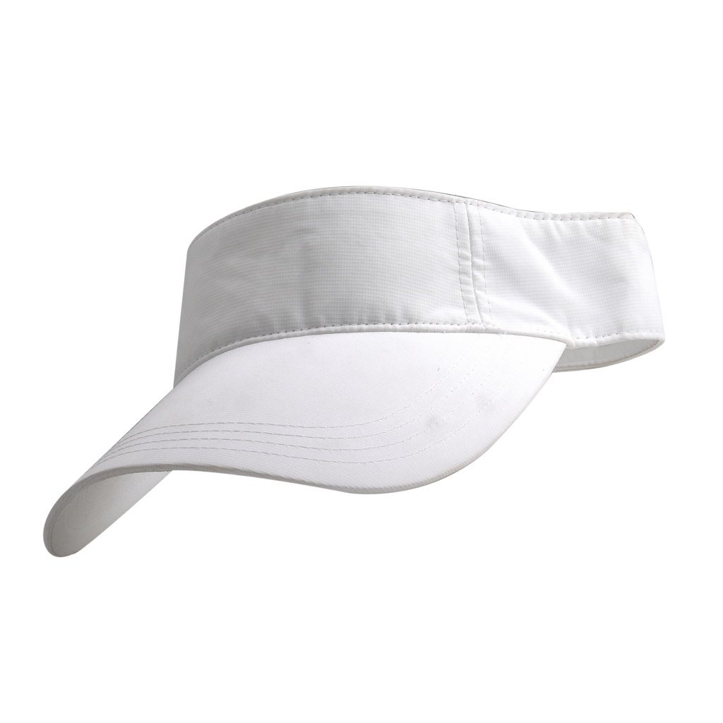 A plain white visor cap made of polyester with a curved brim and a wide band, viewed from a slight angle against a white background.

