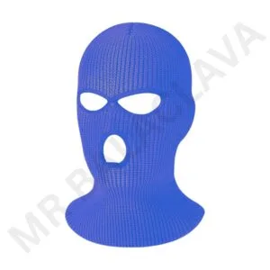 Blue knitted balaclava with three openings for eyes and mouth.