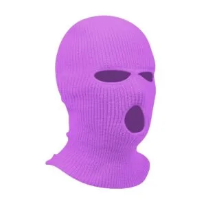 A purple knitted balaclava mask covering a head, with eye holes and an open mouth area.