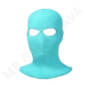 A turquoise knitted balaclava with eye holes, shaped to cover the head and neck.