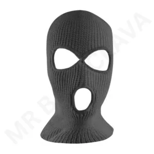 Knitted black balaclava with three cutouts (eye and mouth) in a textured stitch.