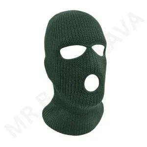 Dark green knitted balaclava with three holes (eye and mouth openings) for full head and neck coverage