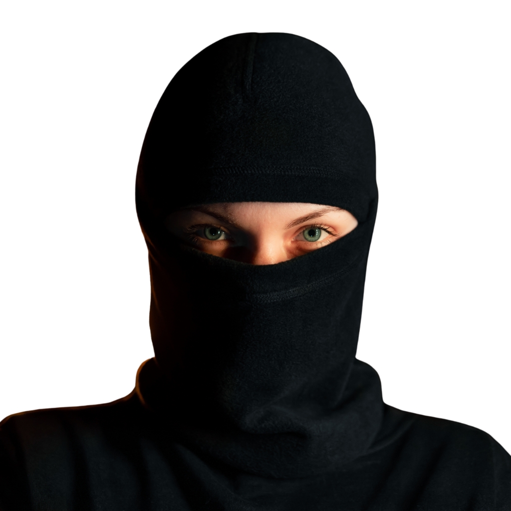 A person wearing a black balaclava or full-face mask, with only their green eyes visible.