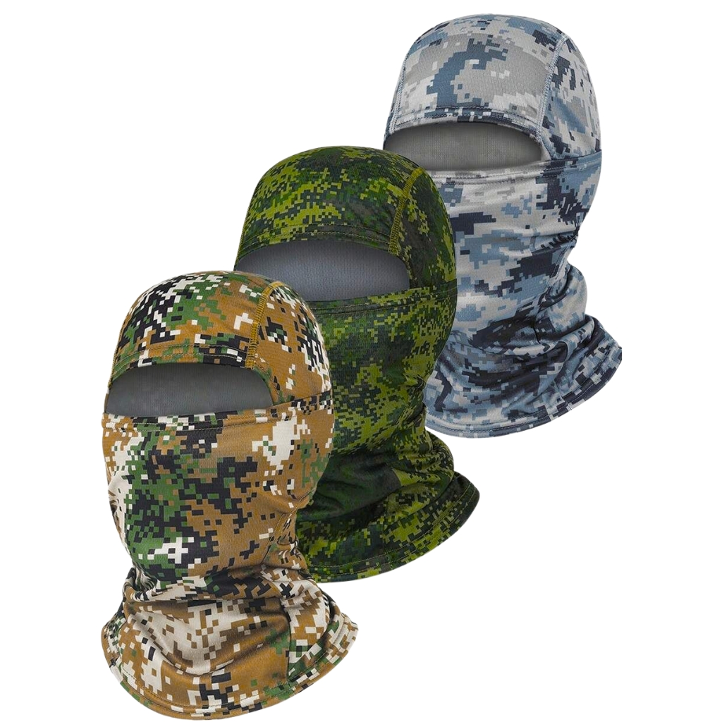 Three camouflage balaclavas in desert, green digital, and grey digital patterns arranged in a descending line.
