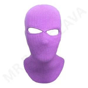Purple knit balaclava with eye holes.