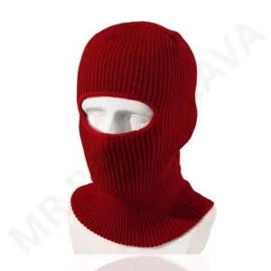 Red knitted balaclava with a single eye-opening for the face, displayed on a white mannequin.