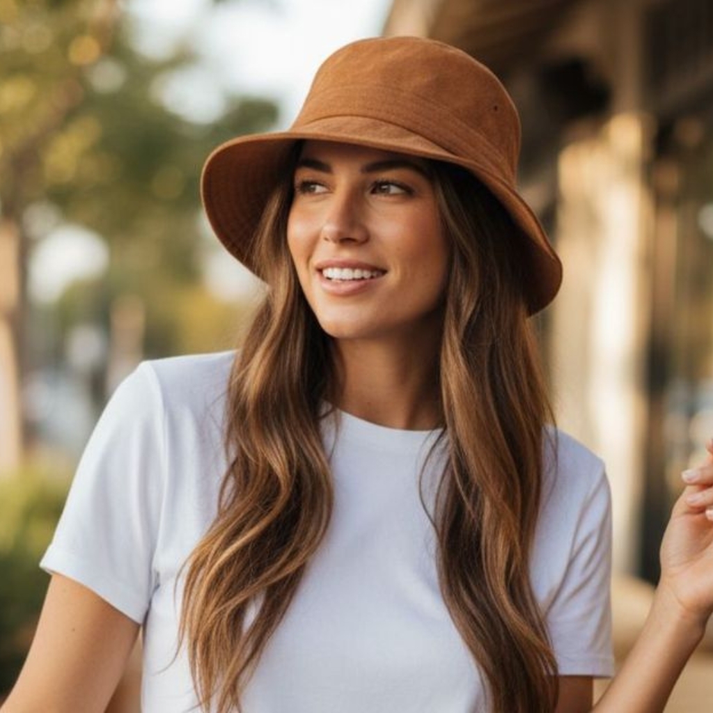 Eine lächelnde Frau in einem hellen T-Shirt und einem braunen Bucket Hat, im Freien mit unscharfem Hintergrund.