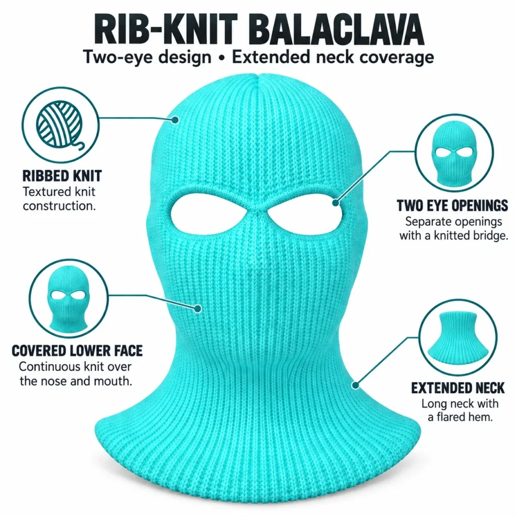 Cagoule tricotée bleu aqua à deux ouvertures – pont tricoté entre les yeux : caractéristiques et vues