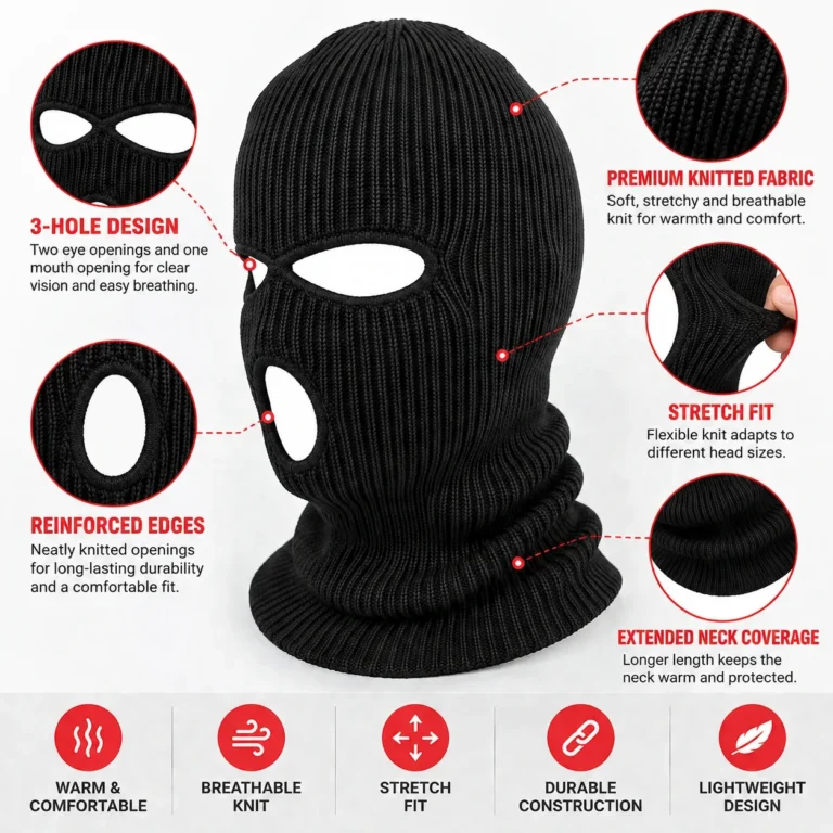Black Three-Hole Knitted Balaclava – Lightweight Stretch Knit: features and views