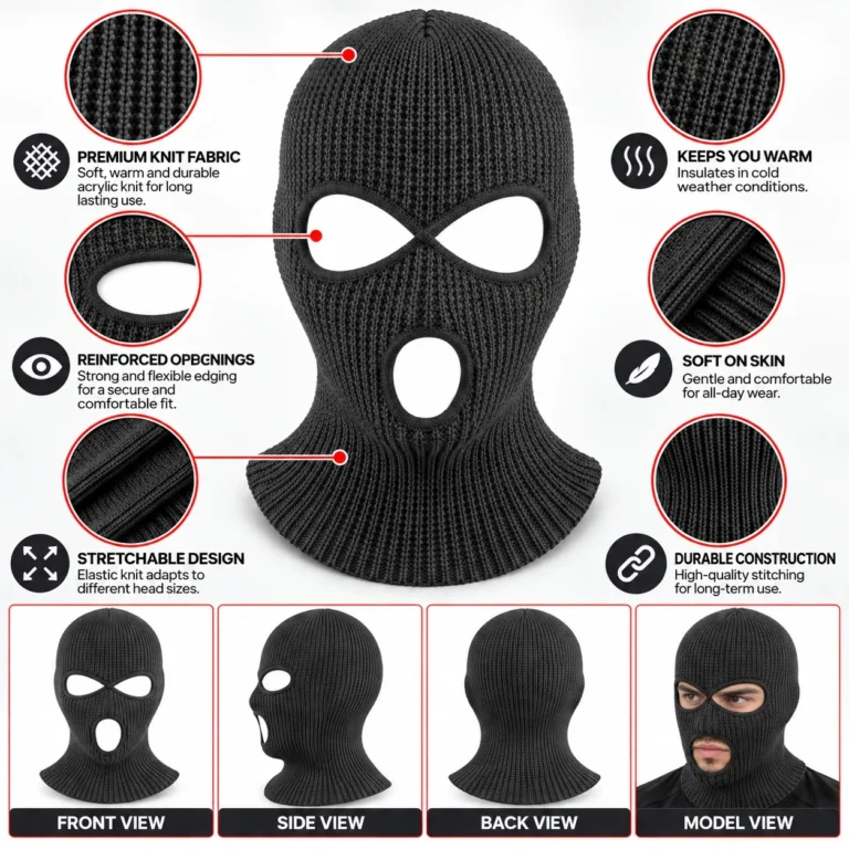 Charcoal Three-Hole Knitted Balaclava – Soft Acrylic Rib Knit: features and views