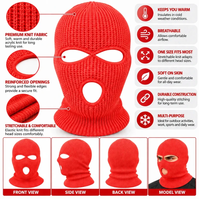 Coral Three-Hole Knitted Balaclava – Soft Acrylic Rib Knit: features and views