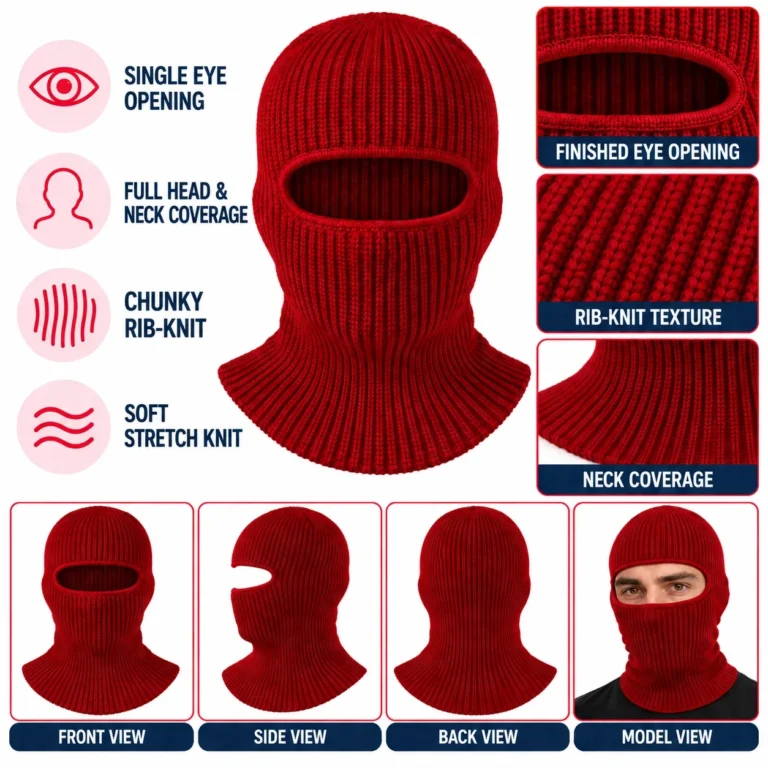 Deep Red One-Hole Knitted Balaclava – Chunky Rib Knit: features and views