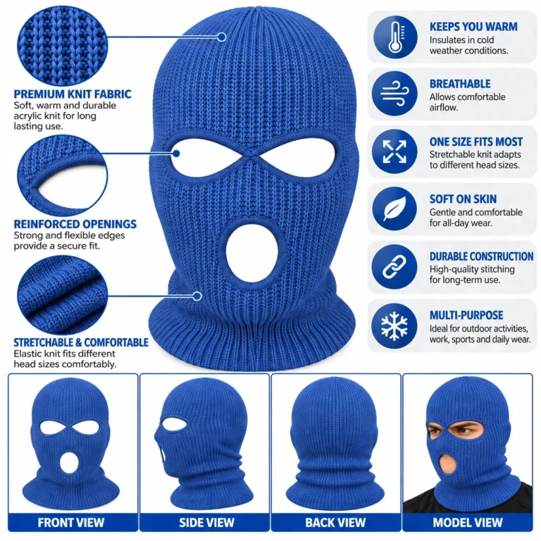 Denim Blue Three-Hole Knitted Balaclava – Soft Acrylic Rib Knit: features and views