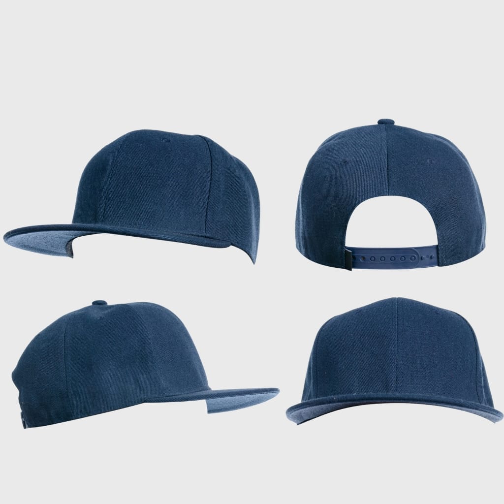 A navy blue fitted cap shown from multiple angles (front, back, left side, and right side). The cap has a solid crown, a curved brim, and a plastic snap-back strap on the back in the same blue color.