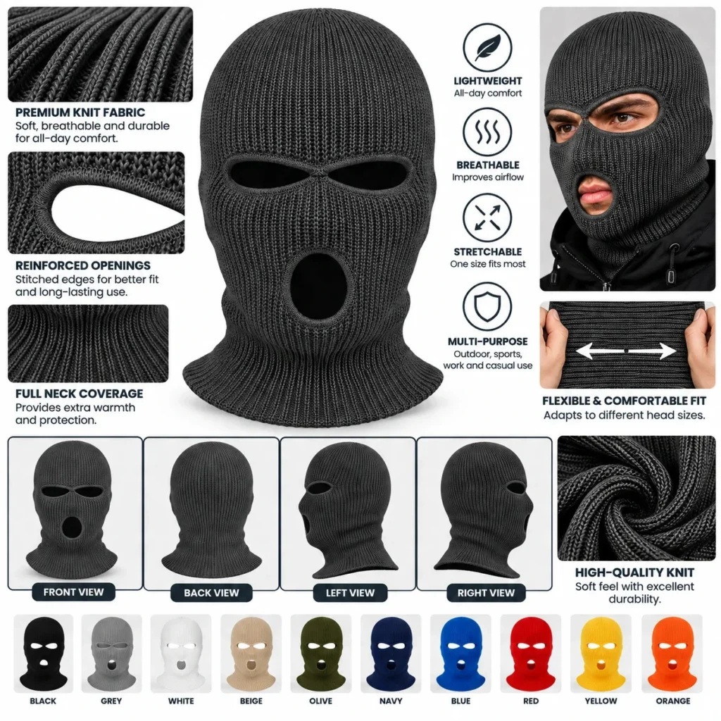 Cagoule tricotée gris graphite à trois ouvertures – maille stretch légère : caractéristiques et vues