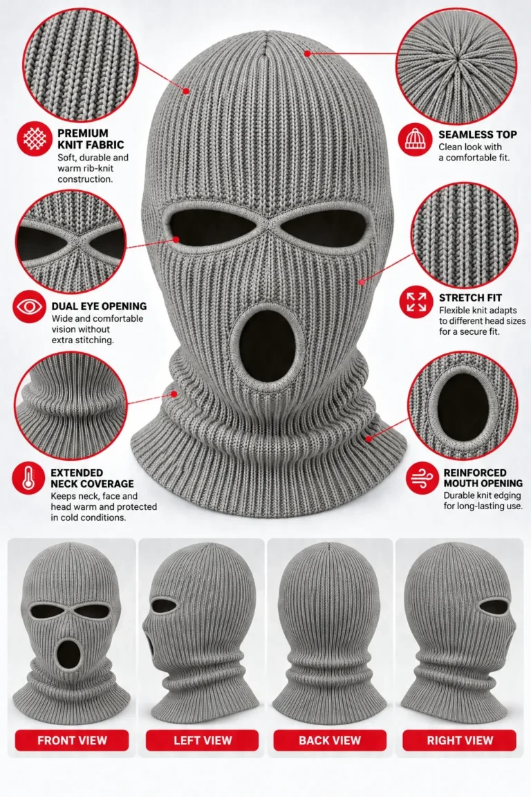 Light Grey Three-Hole Knitted Balaclava – Seamless Top, Rib Knit: features and views