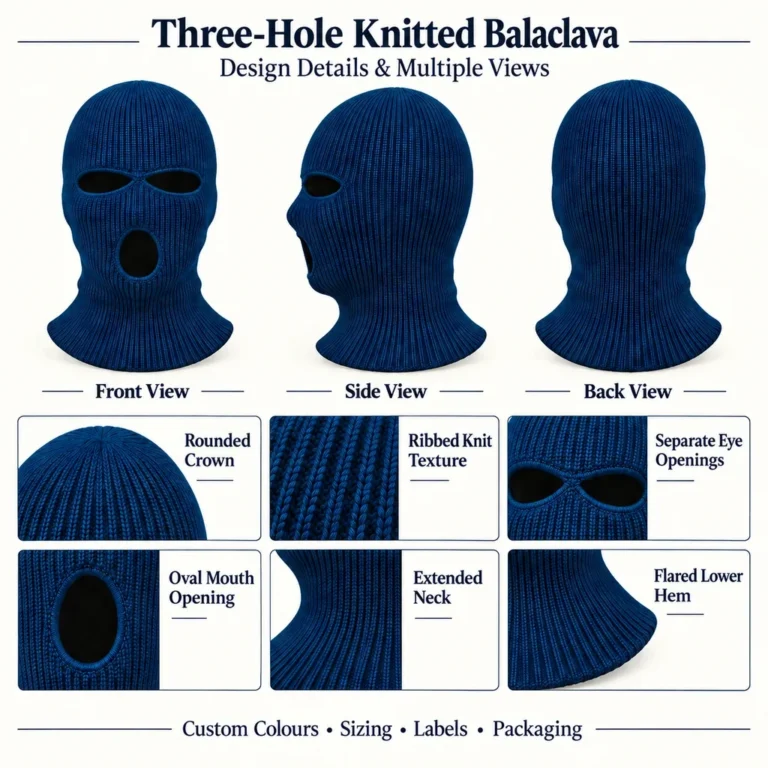 Petrol Blue Three-Hole Knitted Balaclava – Rounded Crown, Flared Hem: features and views